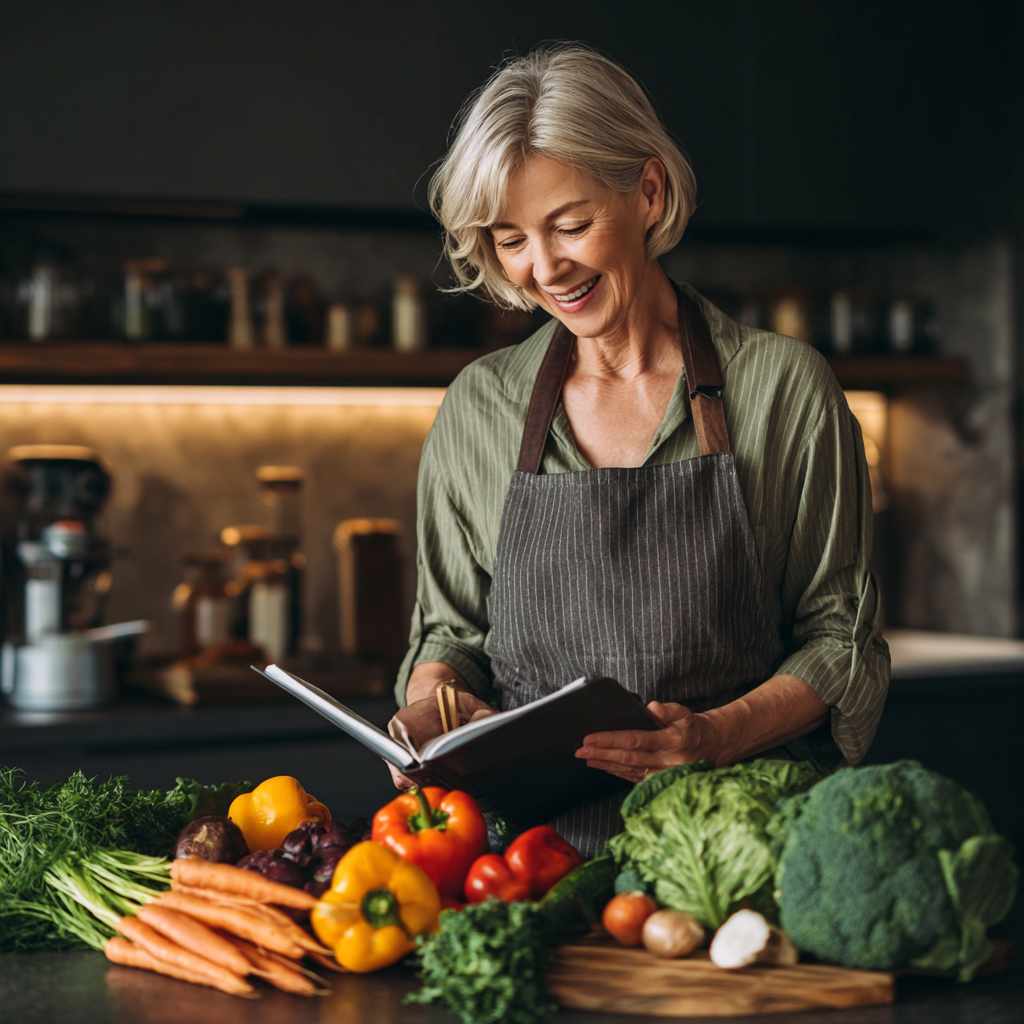 Middle-aged Ukrainian woman mindfully preparing colorful vegetables and fruits in a bright modern kitchen, smiling peacefully while organizing fresh produce