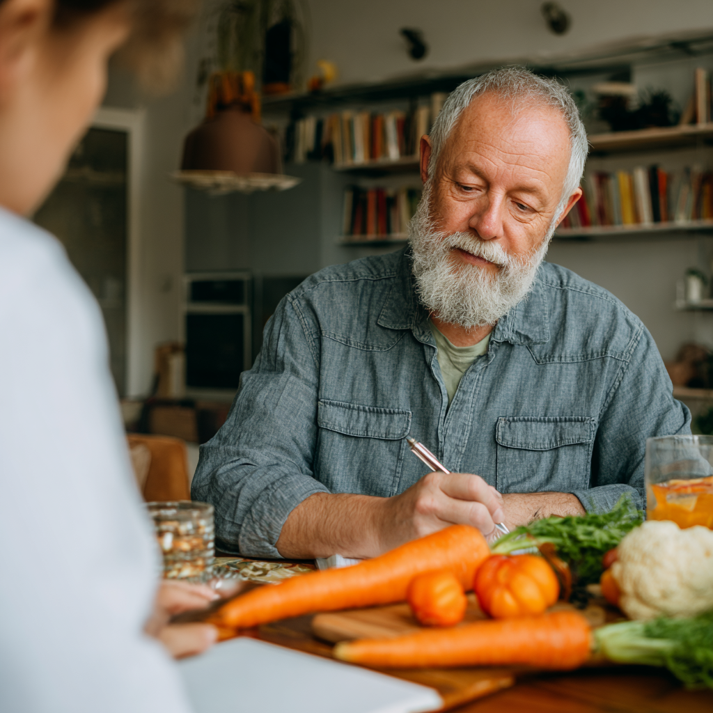 Ukrainian nutritionist consultation with a middle-aged client, both sitting at a table with colorful meal plans, fresh vegetables and measuring tools, both smiling warmly