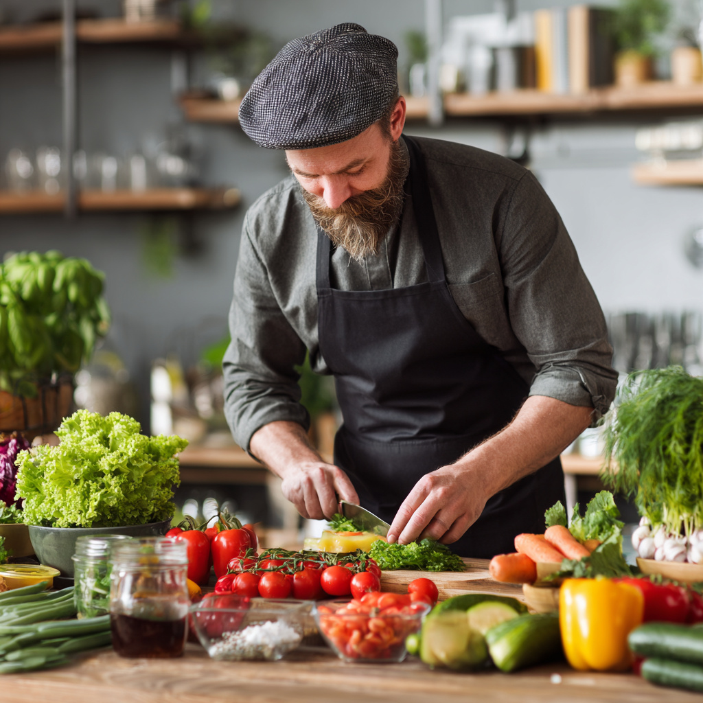 Older Ukrainian couple in their garden, happily harvesting tomatoes and herbs, wearing gardening gloves and aprons, surrounded by lush vegetable plants
